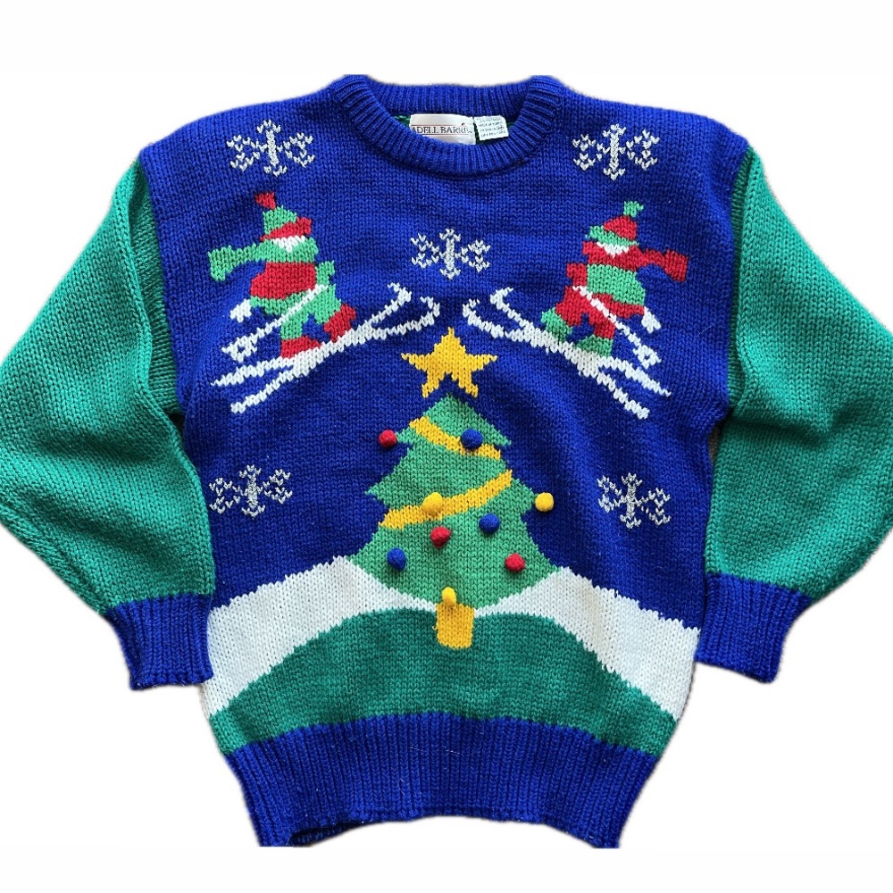 Vintage 80’s Chunky Knit Christmas Sweater Green Blue Pom Pom Tree Medium